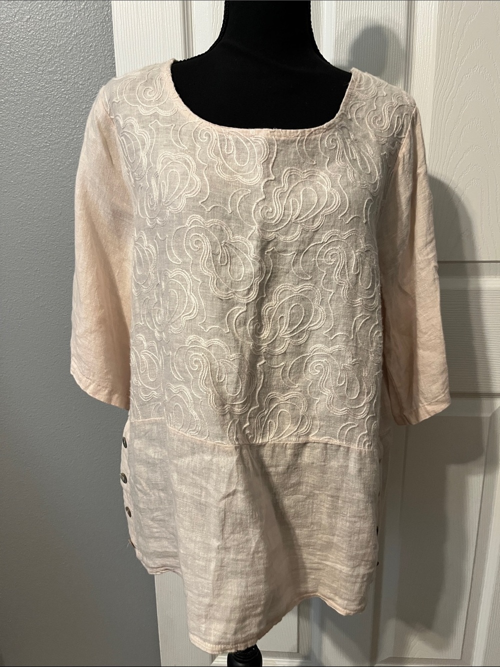 Women's Light Pink Embroidered Linen top with Button Detail